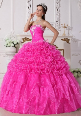 Pink Ball Gown Strapless Quinceanera Dress with Organza Embroidery Beading