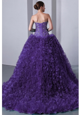 Purple A-line Sweetheart Beading and Ruffles Dress For Quinceanera