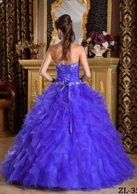 Purple Princess Sweetheart Organza Quinceanera Gowns with Appliques and Pick-ups