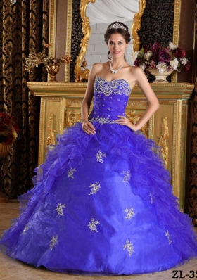 Purple Princess Sweetheart Organza Quinceanera Gowns with Appliques and Pick-ups