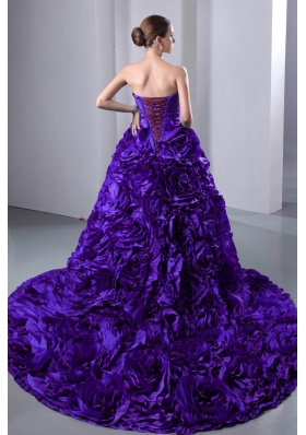 Purple Princess Sweetheart Ruching and Hand Made Flowers Quinceanea Dress