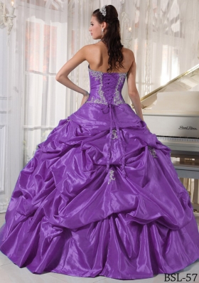 Purple Strapless Appliques Quinceanera Gowns with Pick-ups