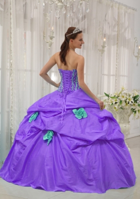 Purple Strapless Beading and Hand Made Flowers Modest Quinceanera Dress