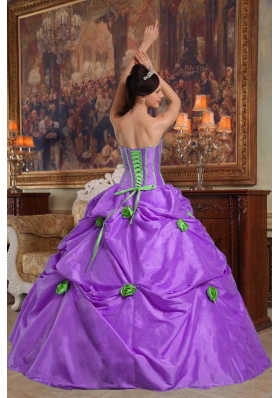 Purple Strapless Beading and Pick-ups Quinceanera Dress with 3D Flower