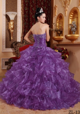 Purple Strapless Organza Quinceanera Gowns with Beading and Ruffles