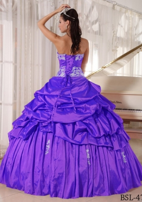 Purple Sweetheart Taffeta Sweet 16 Dresses with Appliques and Pick-ups