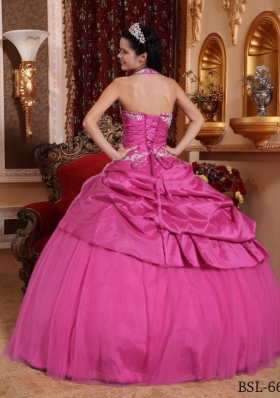 Rose Pink Ball Gown Halter Quinceanera Dress  with Taffeta Appliques