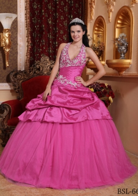 Rose Pink Ball Gown Halter Quinceanera Dress  with Taffeta Appliques