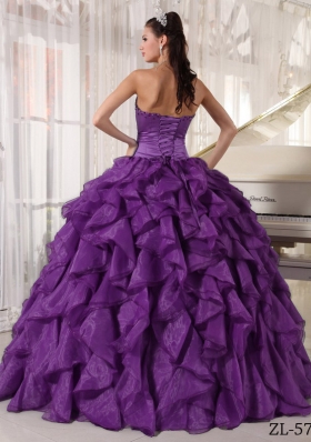 Strapless Organza Purple Quinceaneras Dress with Beading and Ruffles