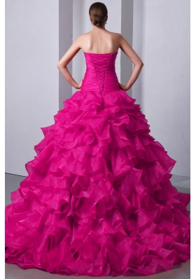 Fuchsia Princess Sweetheart Brush Train Quinceanea Dress with Organza Beading Ruffles