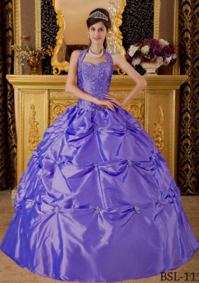 Purple Halter Tafftea Quinceanera Gown Dresses with Appliques