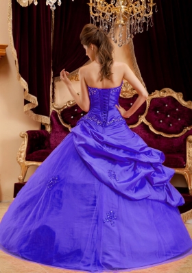 Purple Strapless Quinceanera Gowns with Appliques and Pick-ups