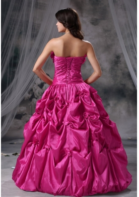 2014 Hot Pink Strapless Quinceanera Dress with Hand Made Flowers Pick-ups Ruching