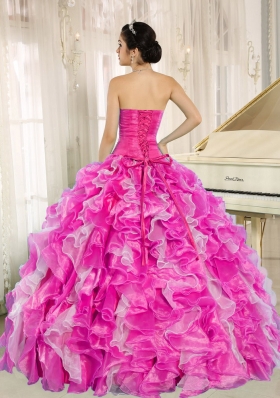 2014 Hot Pink Sweetheart Beaded and Ruffles New Style Quinceanera Gowns