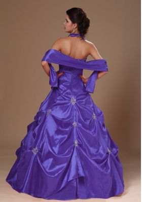 A-line Purple Halter Top Quinceanera Dress with Pick-ups and Beading