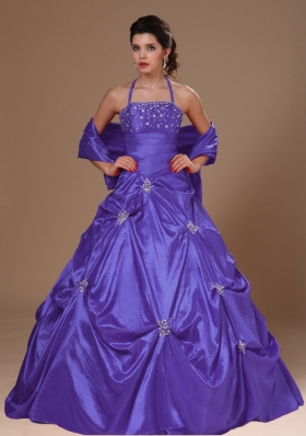 A-line Purple Halter Top Quinceanera Dress with Pick-ups and Beading