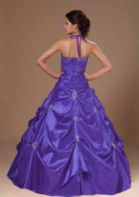 A-line Purple Halter Top Quinceanera Dress with Pick-ups and Beading