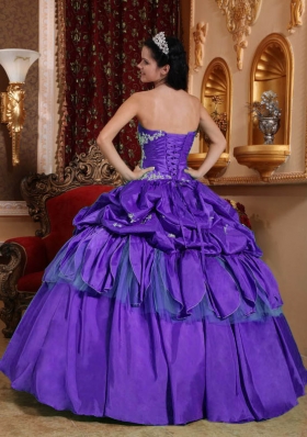 Affordable Purple Strapless Appliques Quinceanera Dress with Pick-ups