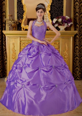 Discount Ball Gown Halter Tafftea Appliques For Purple Quinceanera Gowns