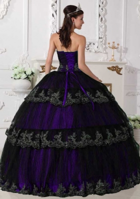 Discount Purple Ruffled Layers Strapless Appliques Quinceanera Dress