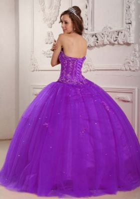 Elegant Strapless Tulle Purple Quinceneara Dresses with Appliques and Beading