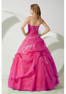 Hot Pink Ball Gown Strapless Quinceanera Dress with  Chiffon Embroidery