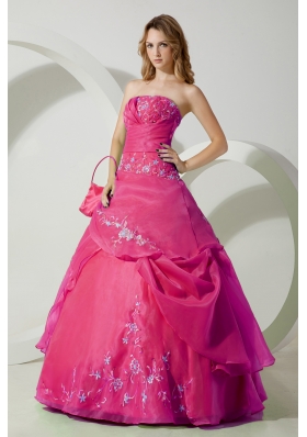 Hot Pink Ball Gown Strapless Quinceanera Dress with  Chiffon Embroidery
