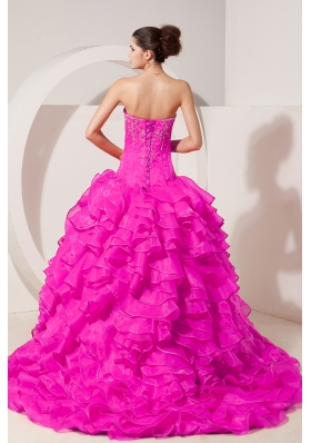 Hot Pink Princess Sweetheart Brush Train Quinceanera Dresses with Taffeta Beading