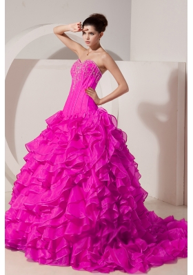 Hot Pink Princess Sweetheart Brush Train Quinceanera Dresses with Taffeta Beading