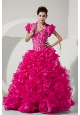 Hot Pink Princess Sweetheart Quinceanera Dresses with Beading