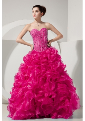 Hot Pink Princess Sweetheart Quinceanera Dresses with Beading