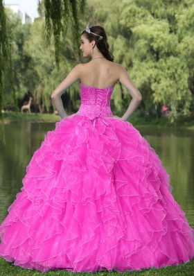 Hot Pink Skirt Beaded Decorate Quinceanera Dresses With Sweetheart