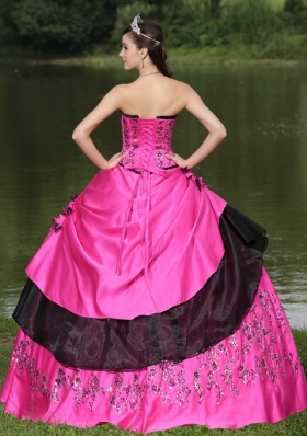 Hot Pink Strapless Appliques 2014 Puffy Spring Quinceanera Dresses