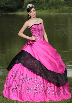 Hot Pink Strapless Appliques 2014 Puffy Spring Quinceanera Dresses