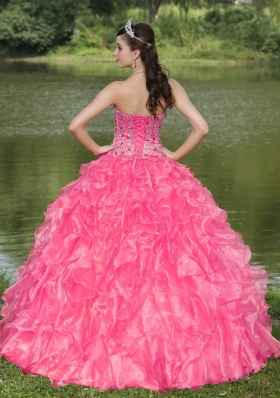 Hot Pink Sweetheart 2014 Quinceanera Gowns With  Beaded Ruffles Layered