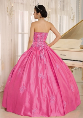 Hot Pink Sweetheart Quinceanera Gowns Appliques With Beading