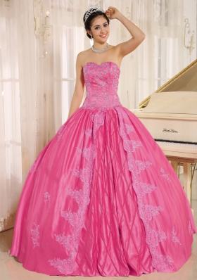 Hot Pink Sweetheart Quinceanera Gowns Appliques With Beading