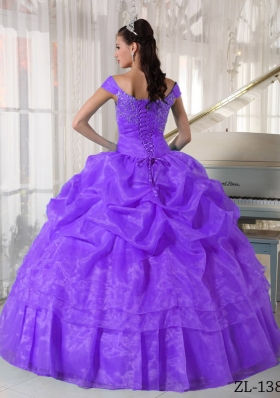 Off The Shoulder Organza Purple Sweet Sixteen Dresses with Pick-ups and Beading