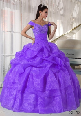 Off The Shoulder Organza Purple Sweet Sixteen Dresses with Pick-ups and Beading