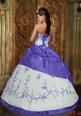 Purple and White Ball Gown Strapless Embroidery Dresses For a Quinceanera with Pick-ups