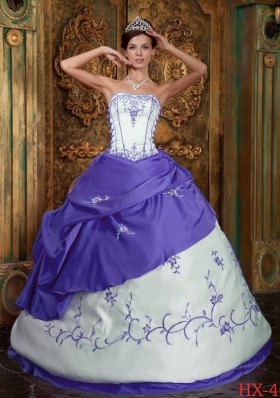 Purple and White Ball Gown Strapless Embroidery Dresses For a Quinceanera with Pick-ups