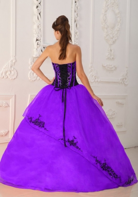 Purple Ball Gown Strapless Appliques and Hand Made Flowers Quinceanera Dress