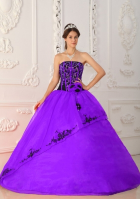 Purple Ball Gown Strapless Appliques and Hand Made Flowers Quinceanera Dress
