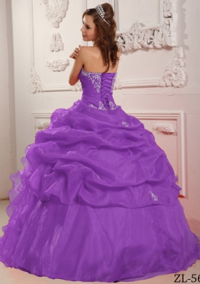 Purple Ball Gown Strapless Organza Beading and Ruffles Quinceanera Dress