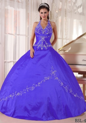 Purple Gown Halter Floor-length Taffeta Appliques Quinceanera Dress