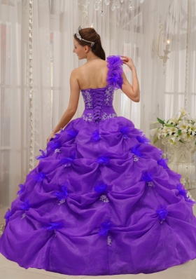 Purple One-shoulder Appliques Quinceanera Dress with Pick-ups