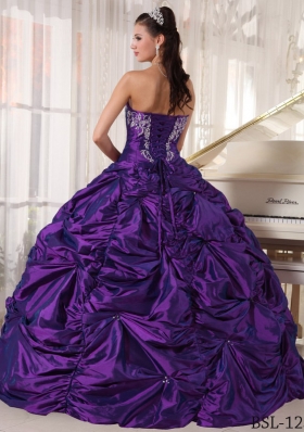 Purple Strapless Taffeta Quinceanera Gowns with Embroidery