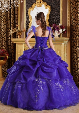 Purple Straps Appliques Quinceanera Dress with Hand Made Flowers and Pick-ups