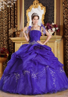 Purple Straps Appliques Quinceanera Dress with Hand Made Flowers and Pick-ups