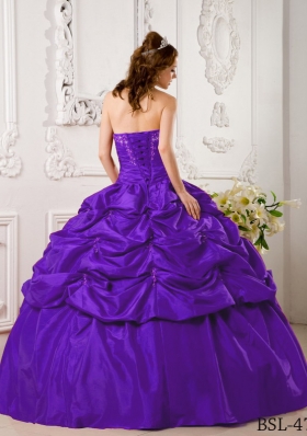 Purple Sweetheart Appliques Sweet Sixteen Dresses with Pick-ups and Appliques